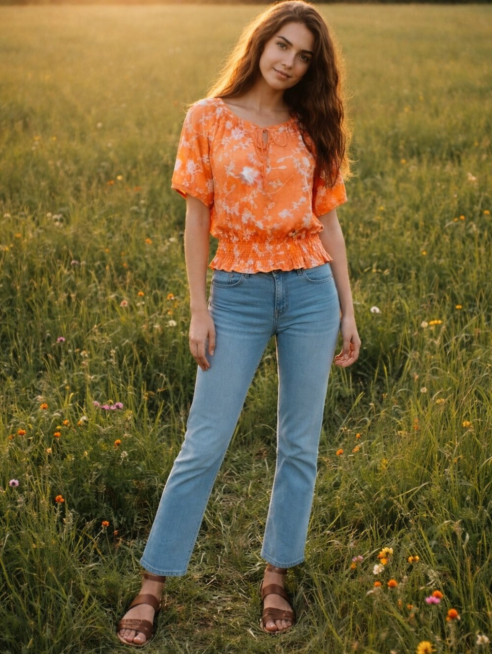 Women's Sapphire  Orange Embroidered Short-Sleeve Top Size S.